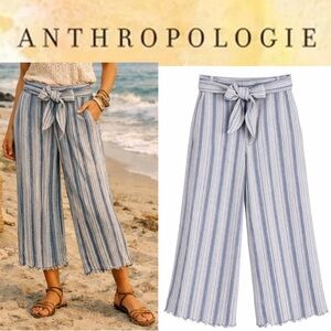 Anthropologie Blue White Striped Wide Leg Cropped Linen Blend Pants Size M